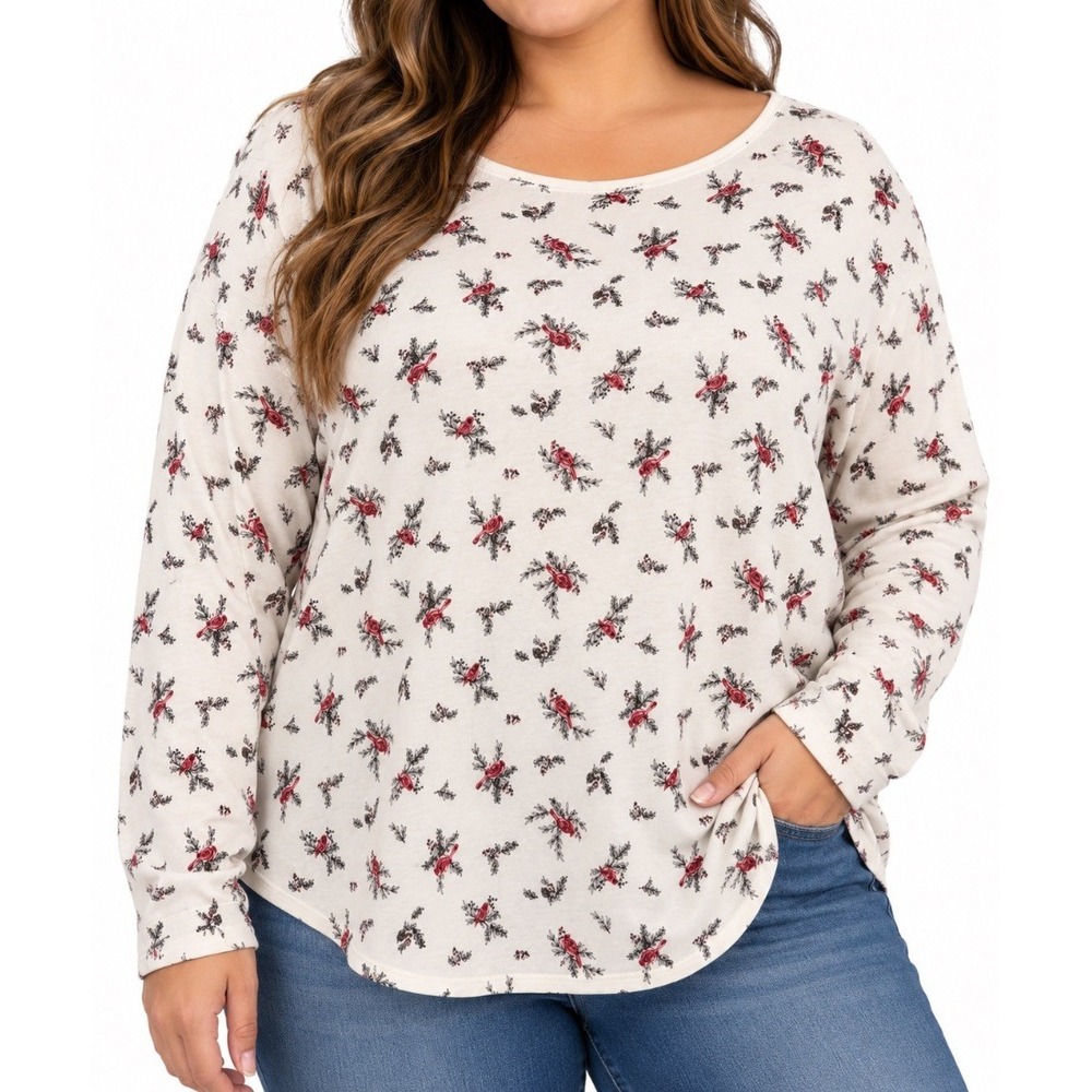 Croft Barrow Womens Plus 3X Classic Tee Long Sleeve White Cardinal Print Top